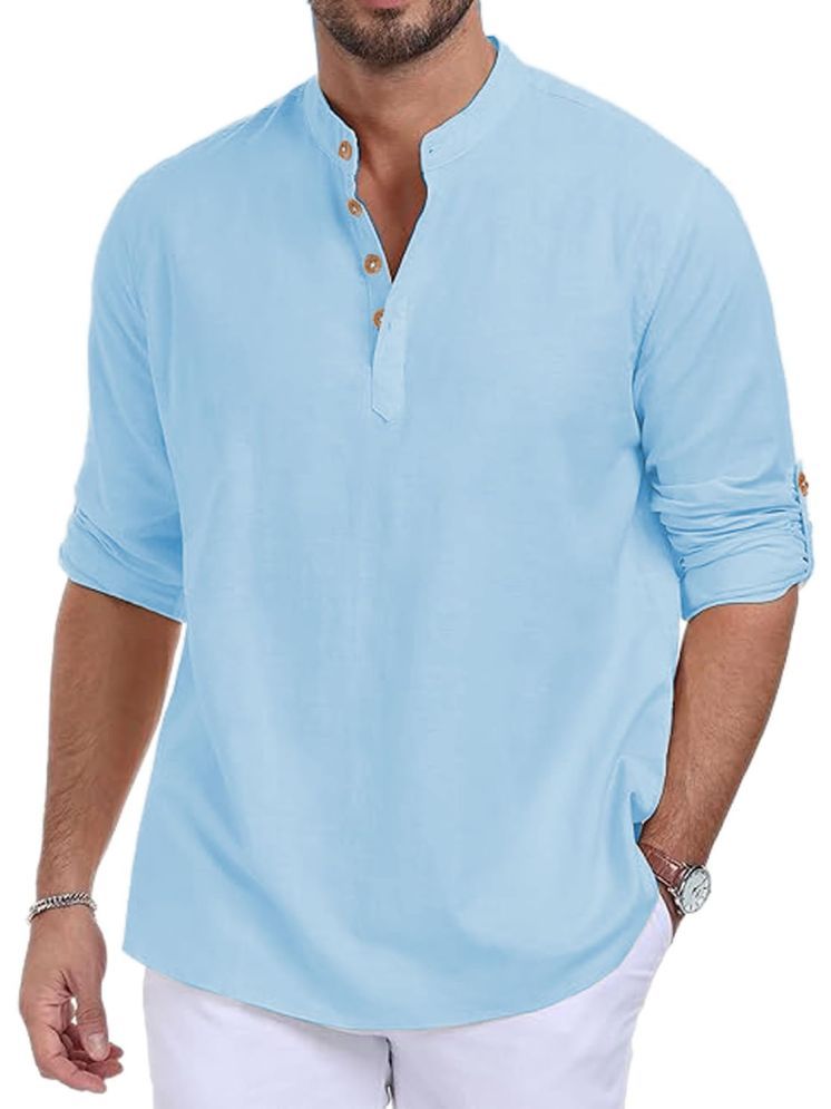     			UNI VIBE Sky Blue Cotton Men's Shirt Style Kurta ( Pack of 1 )