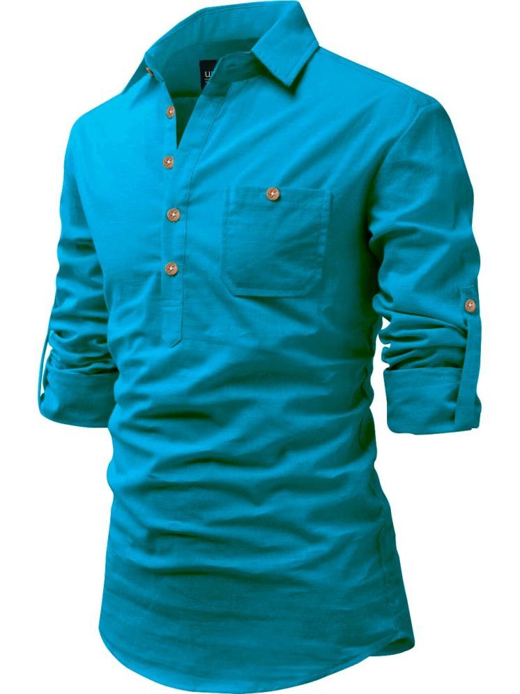     			UNI VIBE Turquoise Cotton Blend Men's Shirt Style Kurta ( Pack of 1 )