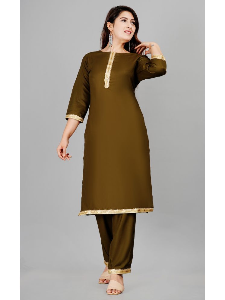     			Smien Viscose Self Design Kurti With Pants Women's Stitched Salwar Suit - Olive ( Pack of 1 )