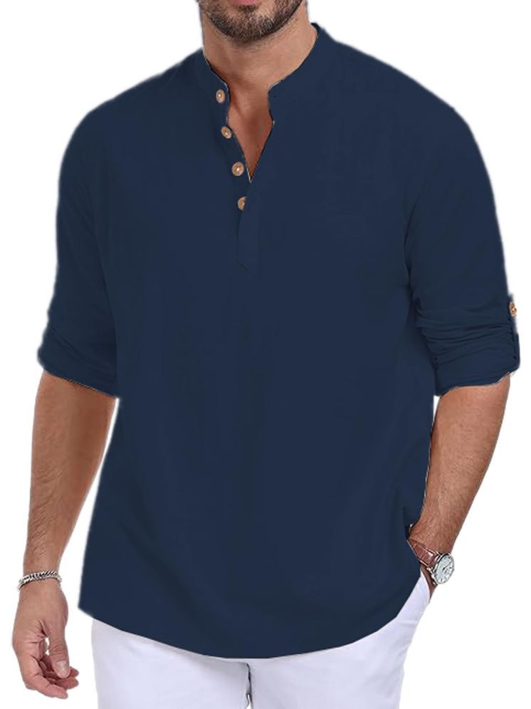     			UNI VIBE Navy Blue Cotton Men's Shirt Style Kurta ( Pack of 1 )