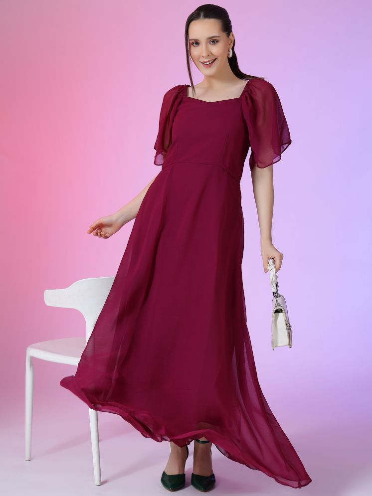     			Krunal Raiyani Georgette Solid Ankle Length Women's Fit & Flare Dress - Wine ( Pack of 1 )