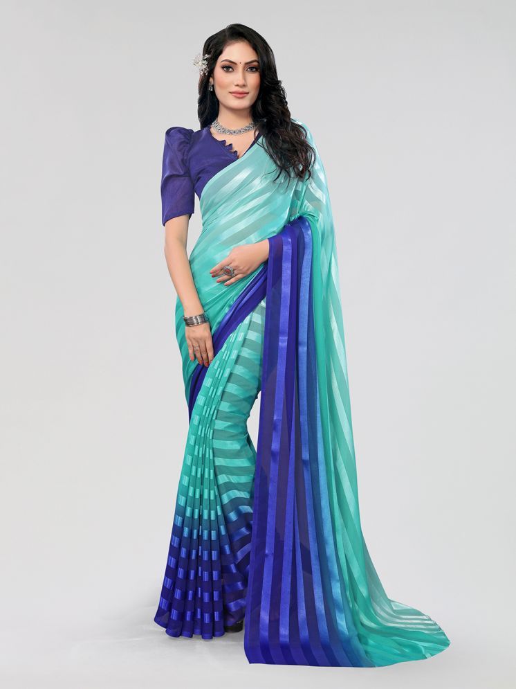     			ANAND SAREES Satin Striped Saree With Blouse Piece - Blue ( Pack of 1 )