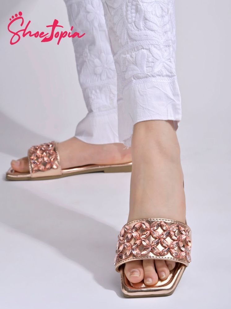     			Shoetopia Embellished Rhinestone Rose-Gold Flats For Girls