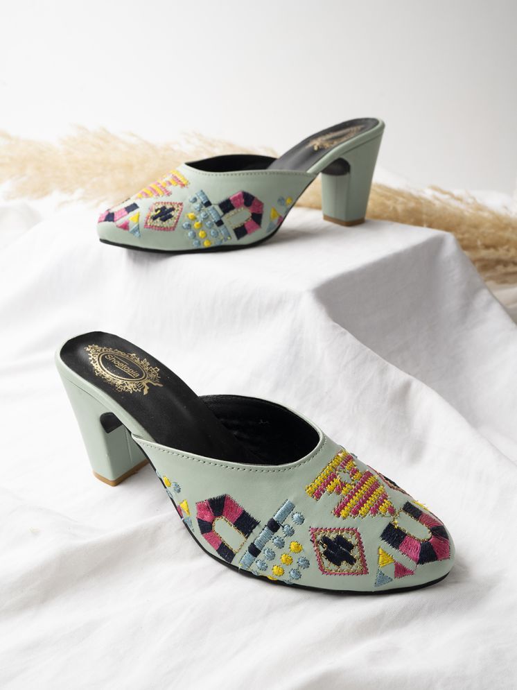     			Shoetopia Embroidered Green Heeled Mules for Girls