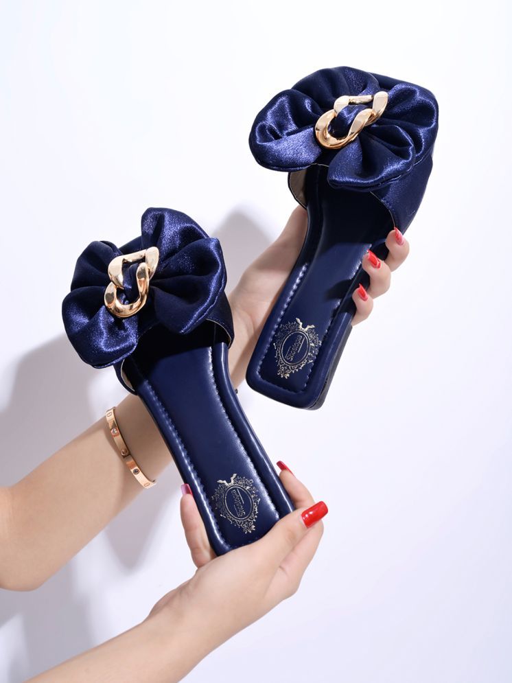     			Shoetopia Stylish Oversized Bow Detailed Navy Blue Flats For Girls