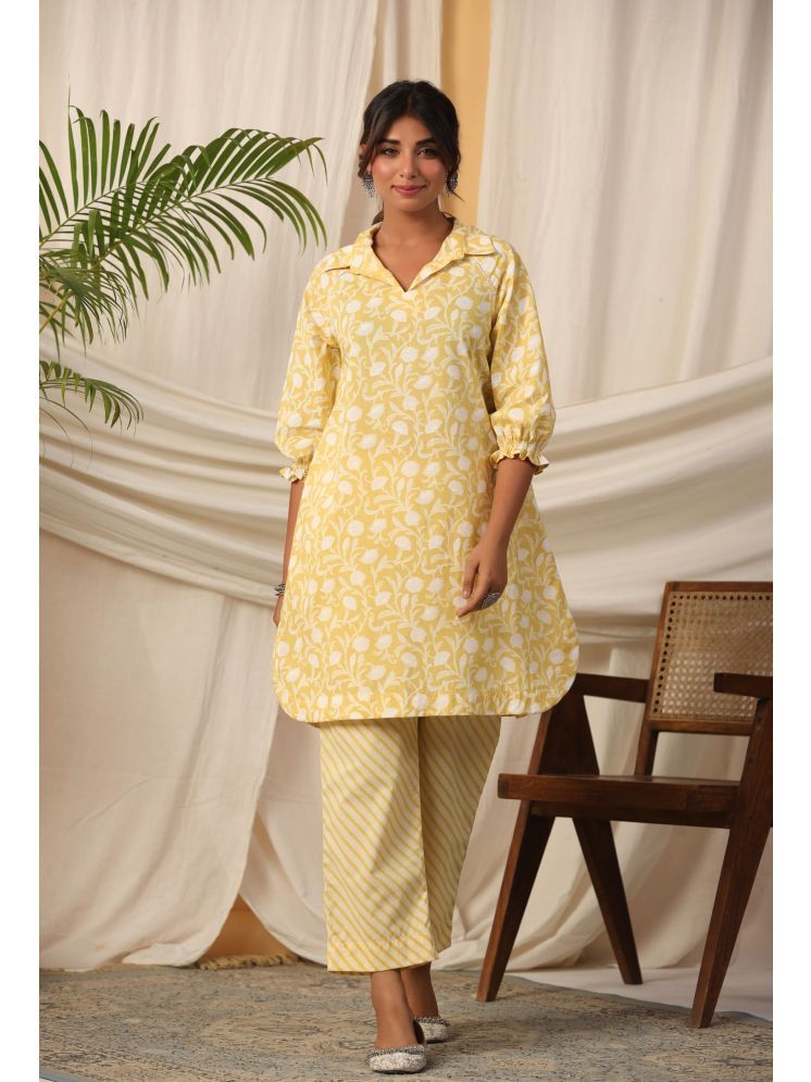     			Vyom Tara Cotton Printed Kurti With Pants Women's Stitched Salwar Suit - Yellow ( Pack of 2 )