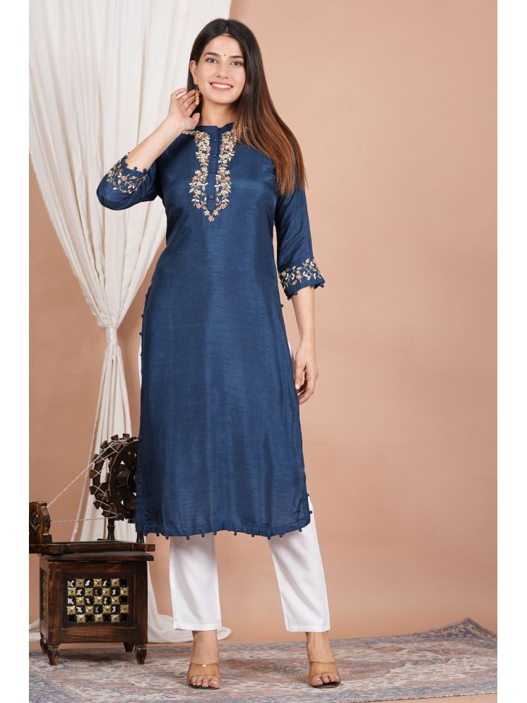     			Akiko Chanderi Solid Straight Women's Kurti - Blue ( Pack of 1 )