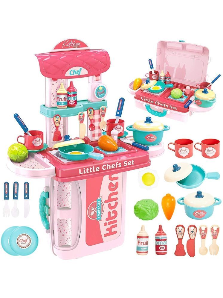     			Bluebell Pretend Play Realistic 2 in 1 Portable Plastic Mini Kitchen Cooking Play Set with Dessert Food for Boys and Girls