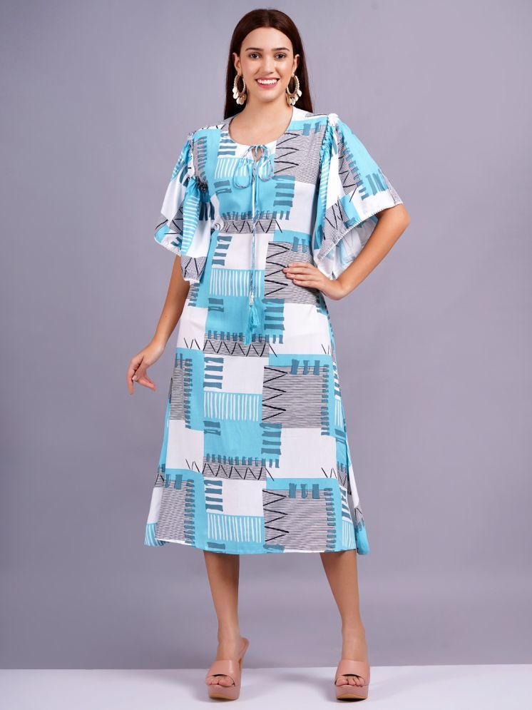     			JAI SHIVAM TRADERS Rayon Printed Midi Women's A-line Dress - Blue ( Pack of 1 )