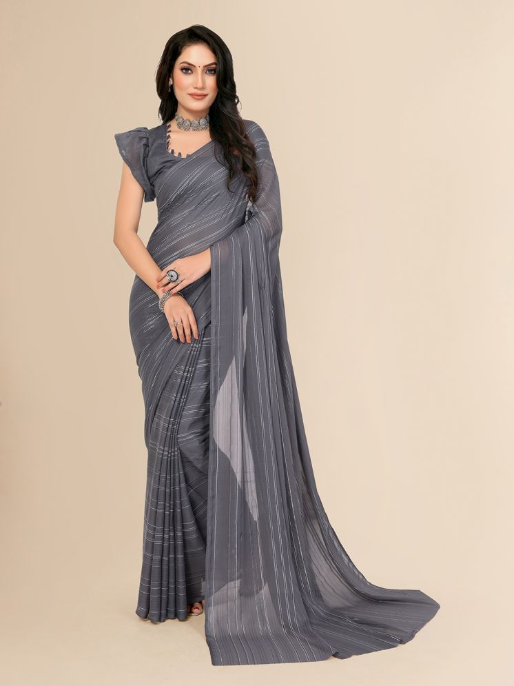     			Kashvi Sarees Satin Striped Saree With Blouse Piece - Grey ( Pack of 1 )