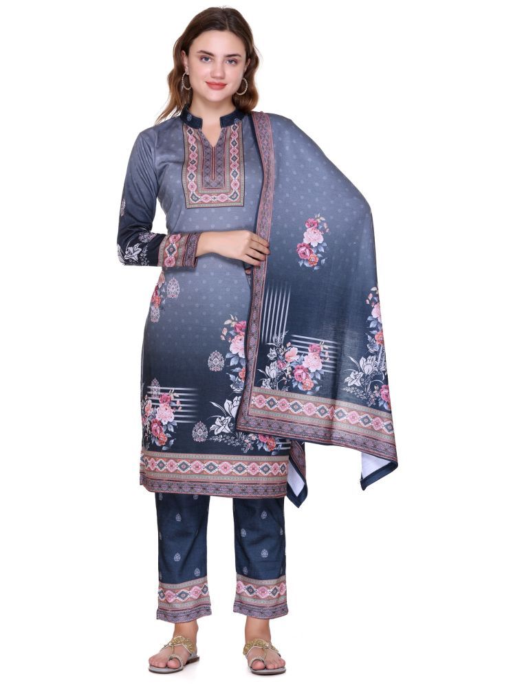     			MELVIN Woollen Printed Kurti With Pants Women's Stitched Salwar Suit - Navy ( Pack of 1 )