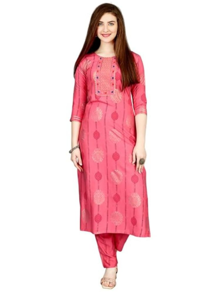     			SILK SUTRA Rayon Printed Kurti With Pants Women's Stitched Salwar Suit - Pink ( Pack of 1 )