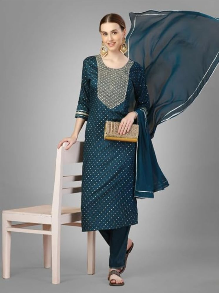     			SILK SUTRA Silk Blend Embroidered Kurti With Pants Women's Stitched Salwar Suit - Blue ( Pack of 1 )