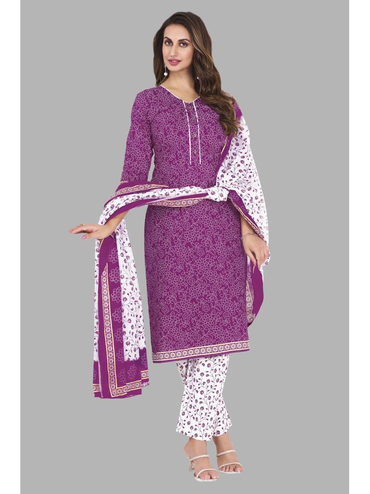     			SIMMU Cotton Printed Kurti With Pants Women's Stitched Salwar Suit - Purple ( Pack of 1 )