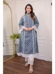 S & D Attire Cotton Printed Kurti With Pants Women's Stitched Salwar Suit - Blue ( Pack of 1 )