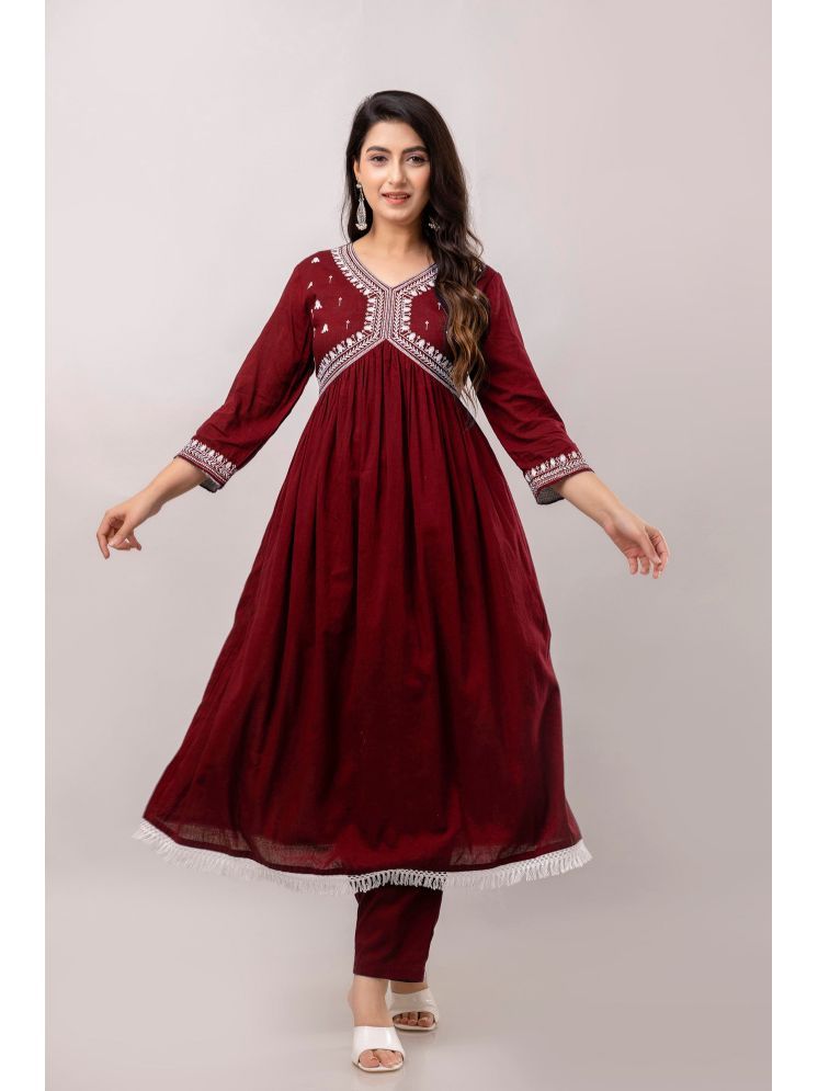     			Frionkandy Rayon Embroidered Kurti With Pants Women's Stitched Salwar Suit - Maroon ( Pack of 1 )