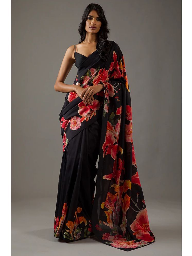     			KSNDV Trendz Silk Printed Saree With Blouse Piece - Black ( Pack of 1 )