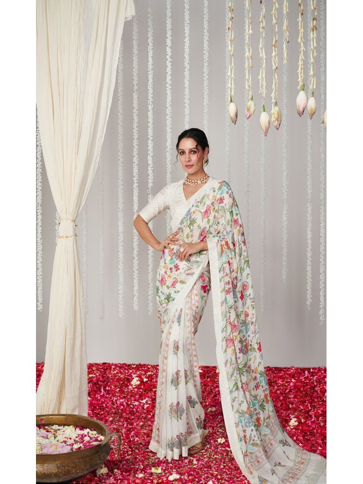     			KSNDV Trendz Silk Printed Saree With Blouse Piece - White ( Pack of 1 )