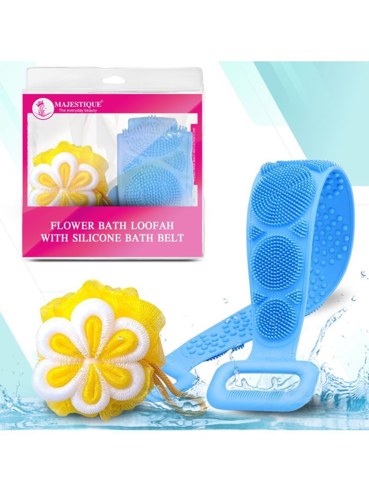     			Majestique Experty Designed Net Cleanse Flower Loofah, Long Belt Bath Loofah | 100% Silicone Bath Scrub Belt, Body and Skin Belt - Stretchable Body Back Scrubber (Pack of 2)