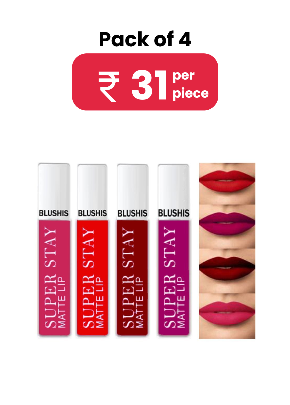     			Blushis Non Transfer Mini Lipstick Red ,Purple, Maroon and Magenta Colour (Pack of 4) 16ml