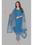 shree jeenmata collection Cotton Printed Kurti With Pants Women's Stitched Salwar Suit - Blue ( Pack of 1 )