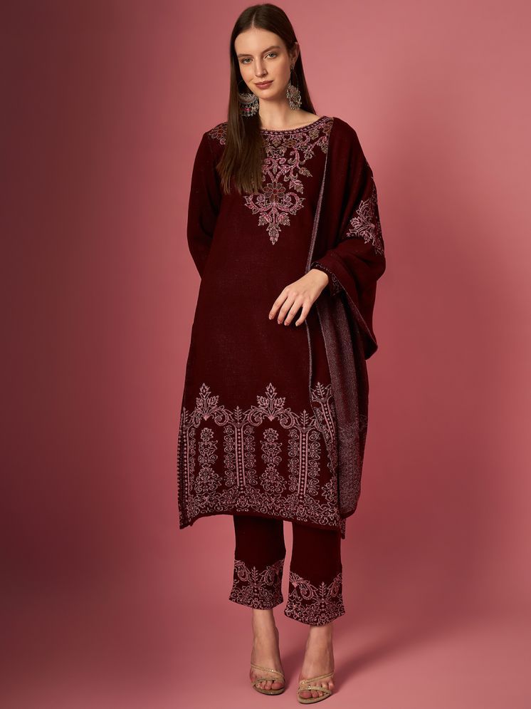     			Clapton Woollen Embroidered Kurti With Pants Women's Stitched Salwar Suit - Maroon ( Pack of 1 )