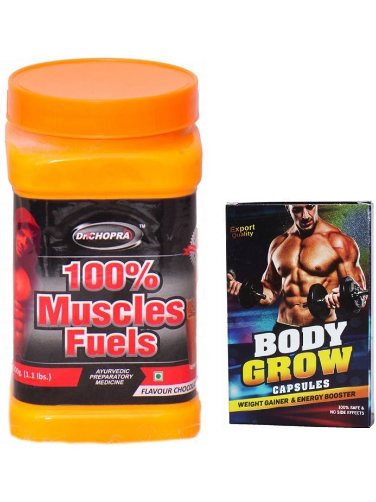     			Dr Chopra Body Grow Capsule 10 no.s & 100% Muscles Fuels  Powder combo 500 gm Chocolate