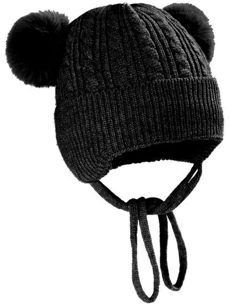     			INFISPACE Baby's Super Warm Winter Woolen Skull Beanie Cap with Fur Inside| Double Pompom Baby Hat (Age: 6 Months to 3 Years) BlackColor