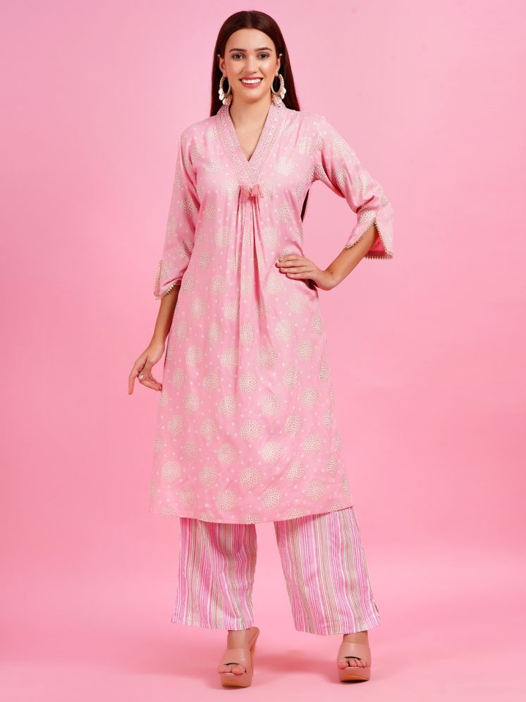     			JC4U Rayon Printed Kurti With Palazzo Women's Stitched Salwar Suit - Pink ( Pack of 1 )