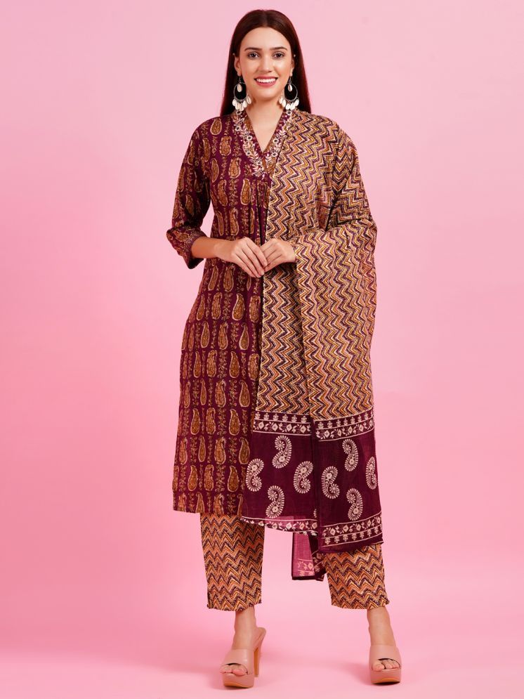     			Jyoti Cotton Printed Kurti With Pants Women's Stitched Salwar Suit - Maroon ( Pack of 1 )