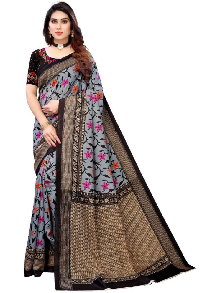     			Samai Art Silk Printed Saree With Blouse Piece - Grey ( Pack of 1 )