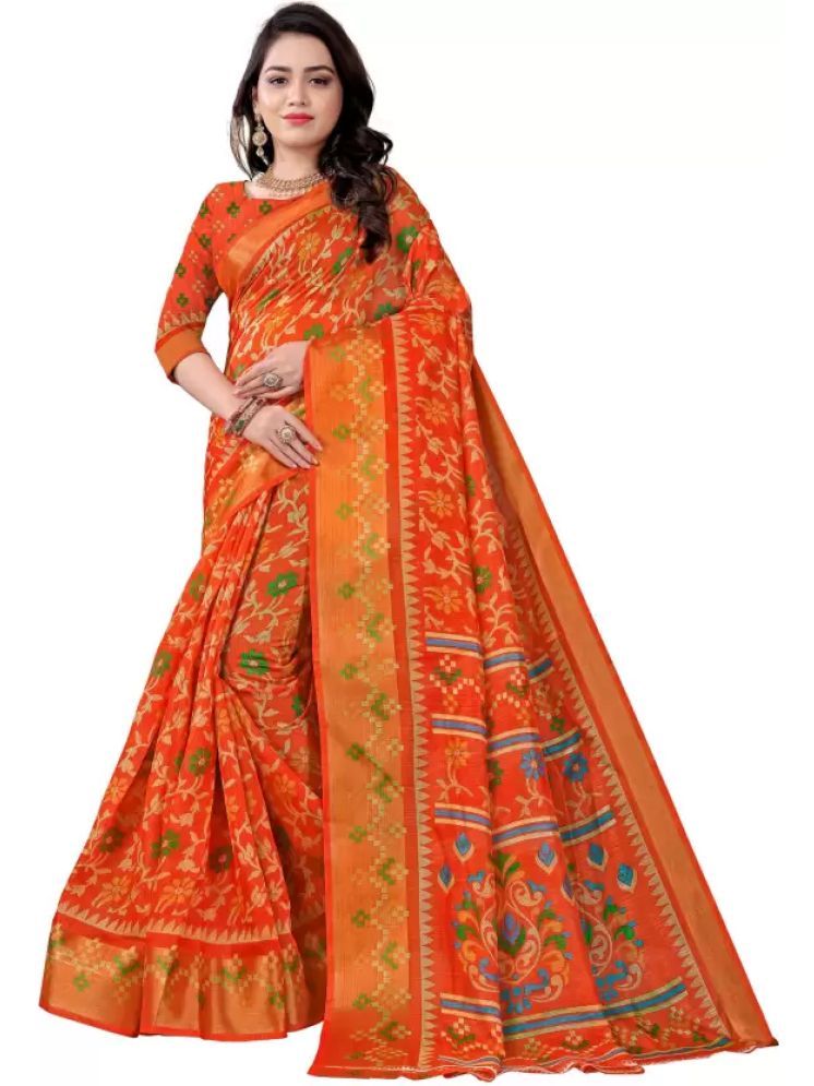     			Samai Cotton Silk Printed Saree With Blouse Piece - Orange ( Pack of 1 )