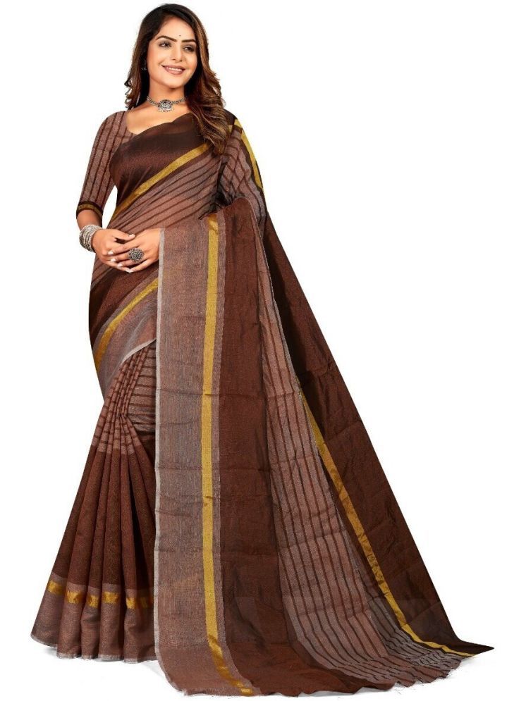     			Samai Cotton Silk Striped Saree With Blouse Piece - Brown ( Pack of 1 )