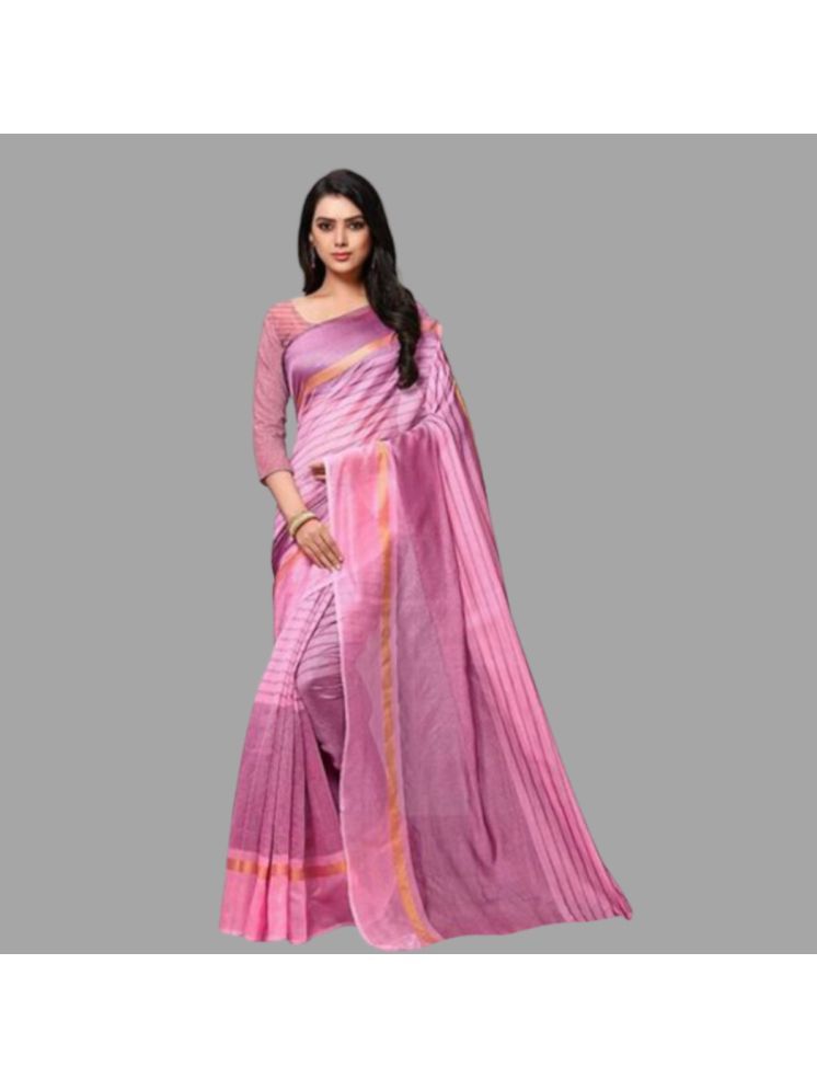     			Samai Cotton Silk Striped Saree With Blouse Piece - Peach ( Pack of 1 )