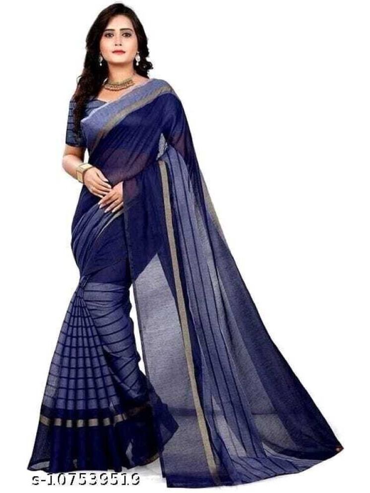     			Samai Cotton Silk Striped Saree With Blouse Piece - Navy Blue ( Pack of 1 )