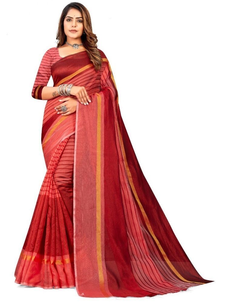     			Samai Cotton Silk Striped Saree With Blouse Piece - Red ( Pack of 1 )