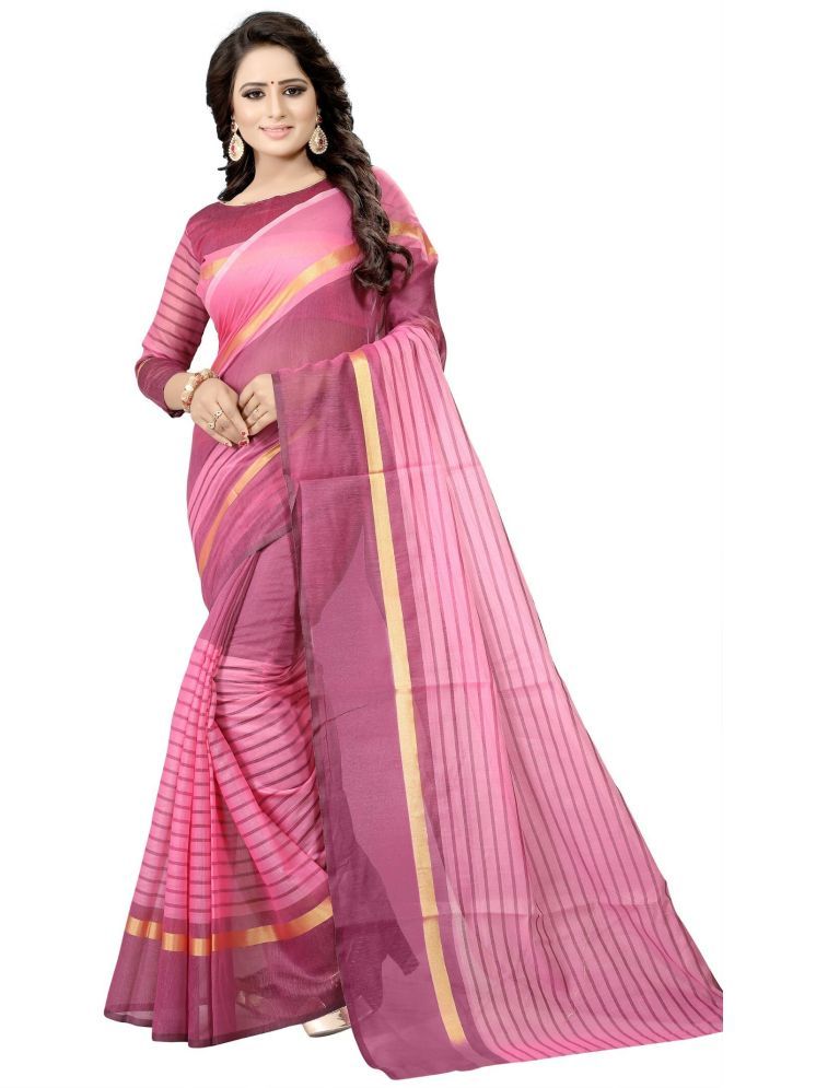     			Samai Cotton Silk Striped Saree With Blouse Piece - Pink ( Pack of 1 )