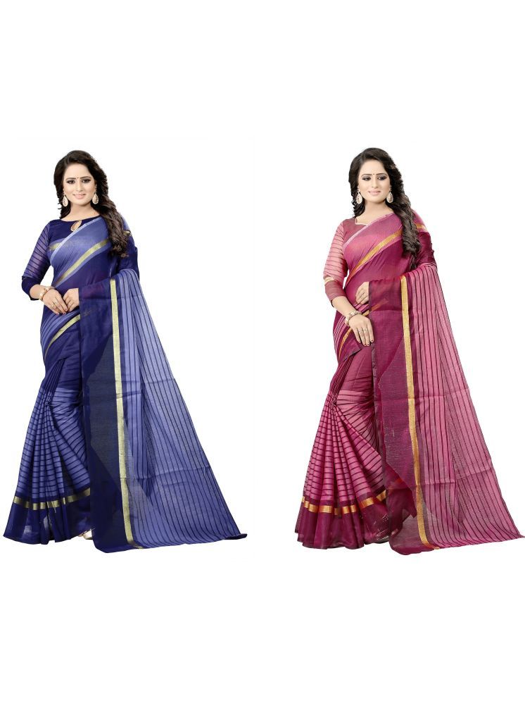     			Samai Cotton Silk Striped Saree With Blouse Piece - Multicolor4 ( Pack of 2 )