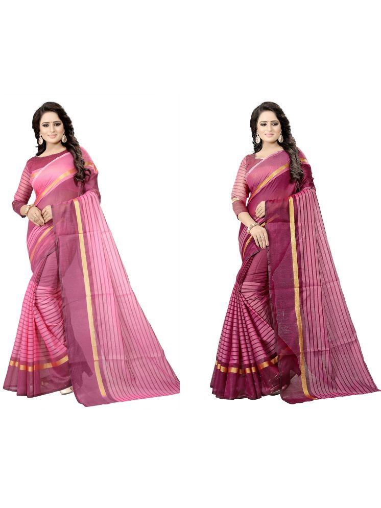     			Samai Cotton Silk Striped Saree With Blouse Piece - Multicolor5 ( Pack of 2 )