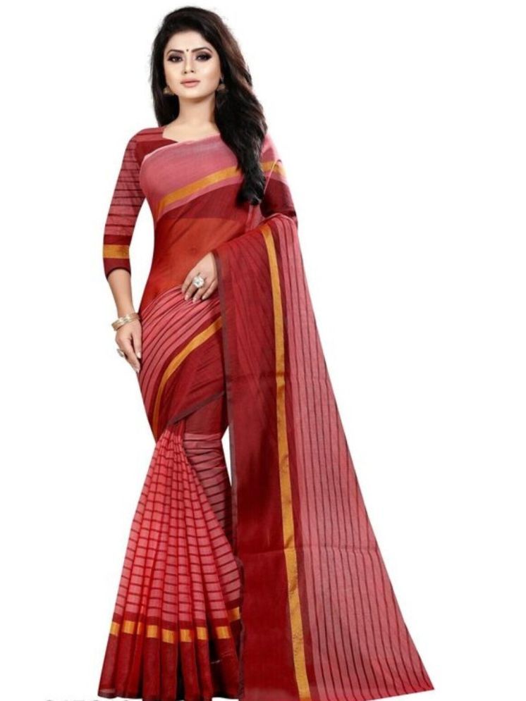     			Samai Cotton Silk Striped Saree With Blouse Piece - Red ( Pack of 1 )