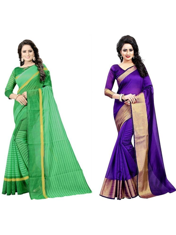     			Samai Cotton Silk Striped Saree With Blouse Piece - Multicolor5 ( Pack of 2 )