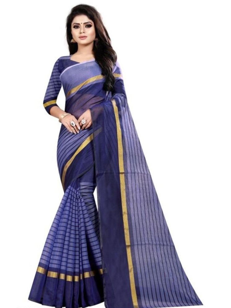     			Samai Cotton Silk Striped Saree With Blouse Piece - LightBLue ( Pack of 1 )