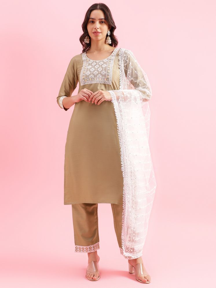     			Shaily Silk Embroidered Kurti With Pants Women's Stitched Salwar Suit - Gold ( Pack of 1 )