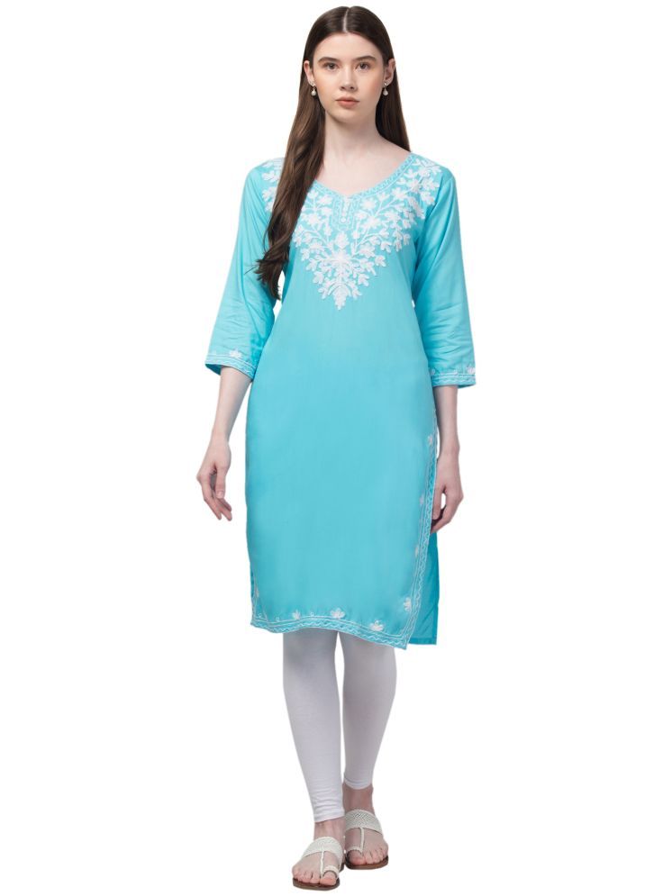     			Aura Glam Rayon Embroidered Straight Women's Kurti - Turquoise ( Pack of 1 )