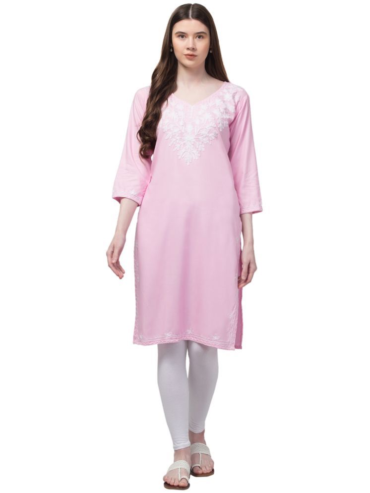     			Aura Glam Rayon Embroidered Straight Women's Kurti - Pink ( Pack of 1 )