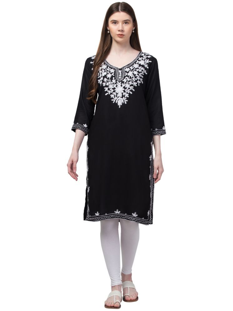     			Aura Glam Rayon Embroidered Straight Women's Kurti - Black ( Pack of 1 )