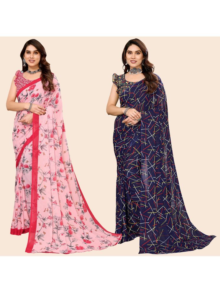     			Kashvi Sarees Georgette Printed Saree With Blouse Piece - Multicolor ( Pack of 2 )