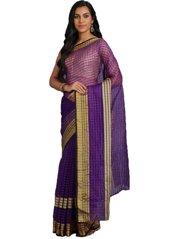     			Samai Cotton Silk Checks Saree With Blouse Piece - Purple ( Pack of 1 )