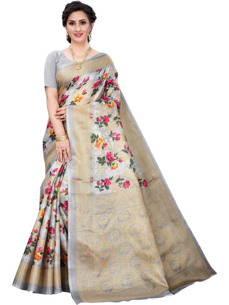     			Samai Cotton Silk Printed Saree With Blouse Piece - Grey ( Pack of 1 )