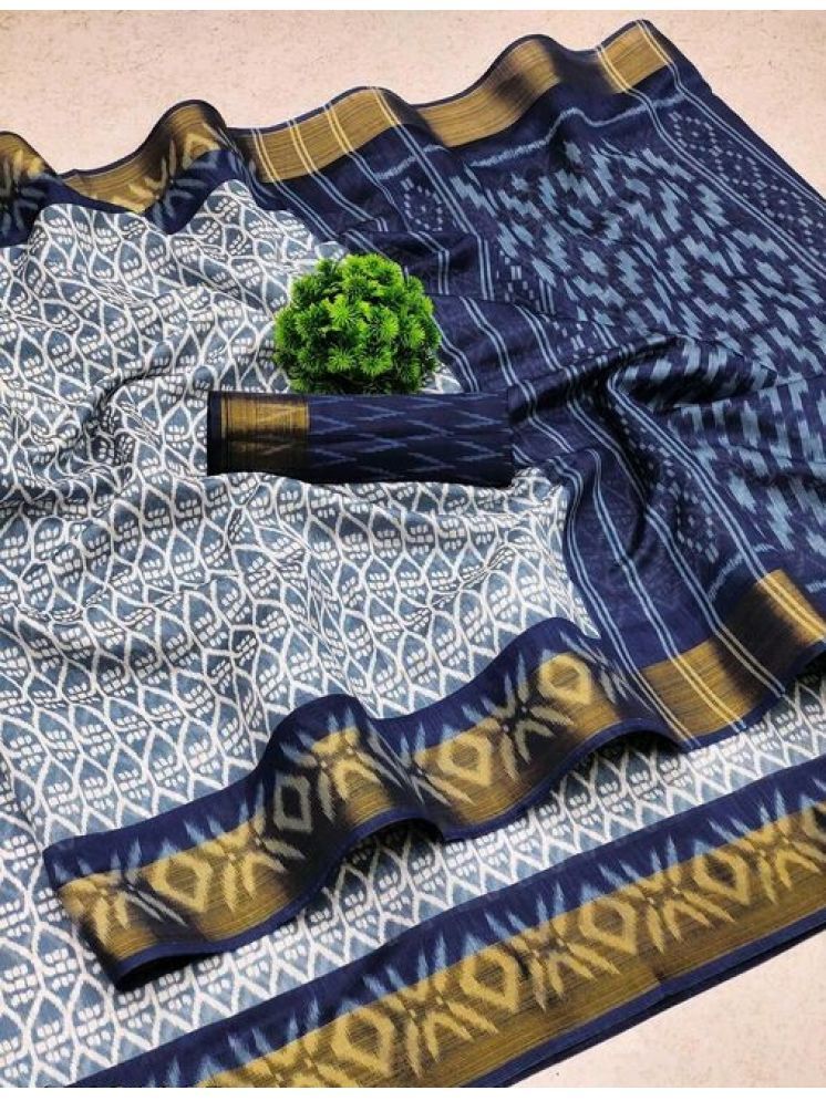     			Samai Cotton Silk Printed Saree With Blouse Piece - Navy Blue ( Pack of 1 )